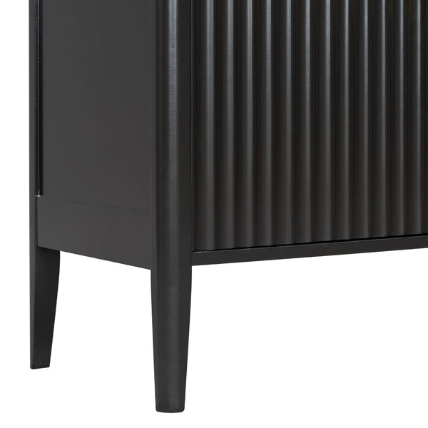 English Elm U_style Fluted Bar Cabinet with Led Lighting Stemware Rack and Mirror Interior Display Black WY000539AAB