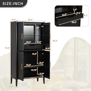 English Elm U_style Fluted Bar Cabinet with Led Lighting Stemware Rack and Mirror Interior Display Black WY000539AAB