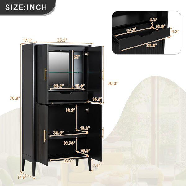English Elm U_style Fluted Bar Cabinet with Led Lighting Stemware Rack and Mirror Interior Display Black WY000539AAB