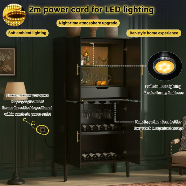 English Elm U_style Fluted Bar Cabinet with Led Lighting Stemware Rack and Mirror Interior Display Black WY000539AAB