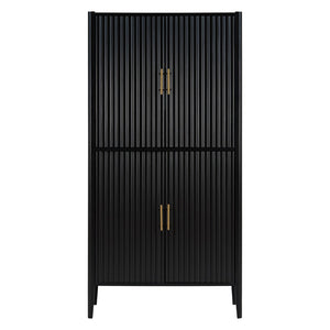 English Elm U_style Fluted Bar Cabinet with Led Lighting Stemware Rack and Mirror Interior Display Black WY000539AAB