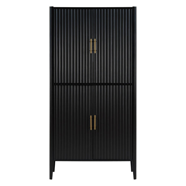 English Elm U_style Fluted Bar Cabinet with Led Lighting Stemware Rack and Mirror Interior Display Black WY000539AAB