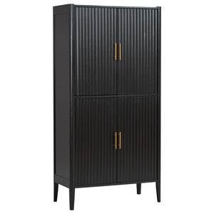 English Elm U_style Fluted Bar Cabinet with Led Lighting Stemware Rack and Mirror Interior Display Black WY000539AAB