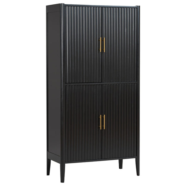 English Elm U_style Fluted Bar Cabinet with Led Lighting Stemware Rack and Mirror Interior Display Black WY000539AAB