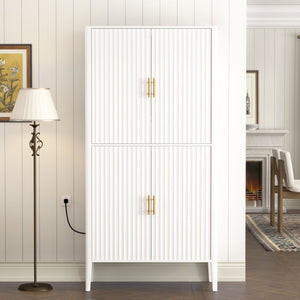 English Elm U_style Fluted Bar Cabinet with Led Lighting Stemware Rack and Mirror Interior Display White WY000539AAK