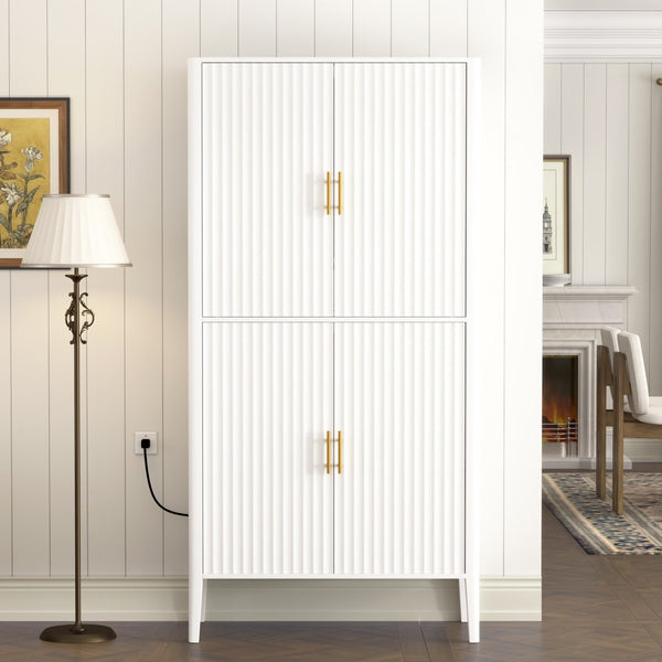 English Elm U_style Fluted Bar Cabinet with Led Lighting Stemware Rack and Mirror Interior Display White WY000539AAK