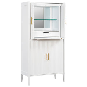 English Elm U_style Fluted Bar Cabinet with Led Lighting Stemware Rack and Mirror Interior Display White WY000539AAK