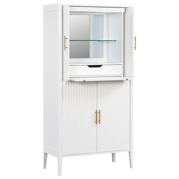 English Elm U_style Fluted Bar Cabinet with Led Lighting Stemware Rack and Mirror Interior Display White WY000539AAK
