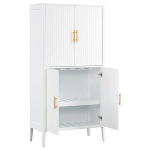 English Elm U_style Fluted Bar Cabinet with Led Lighting Stemware Rack and Mirror Interior Display White WY000539AAK
