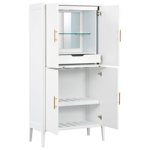 English Elm U_style Fluted Bar Cabinet with Led Lighting Stemware Rack and Mirror Interior Display White WY000539AAK