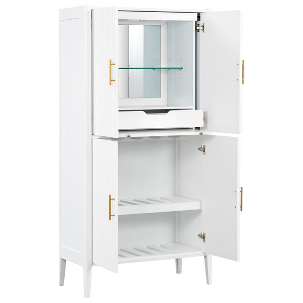 English Elm U_style Fluted Bar Cabinet with Led Lighting Stemware Rack and Mirror Interior Display White WY000539AAK