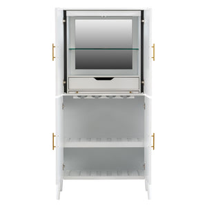 English Elm U_style Fluted Bar Cabinet with Led Lighting Stemware Rack and Mirror Interior Display White WY000539AAK