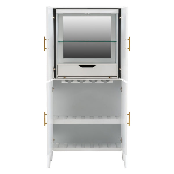 English Elm U_style Fluted Bar Cabinet with Led Lighting Stemware Rack and Mirror Interior Display White WY000539AAK