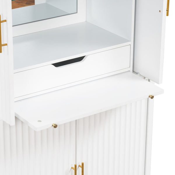 English Elm U_style Fluted Bar Cabinet with Led Lighting Stemware Rack and Mirror Interior Display White WY000539AAK