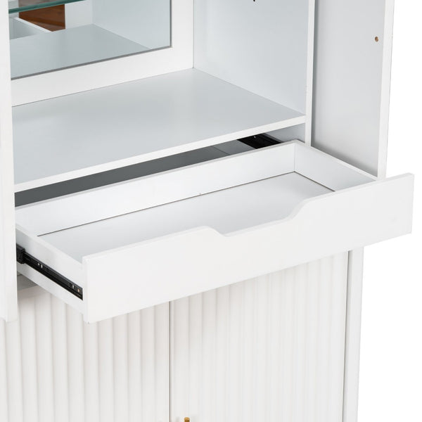 English Elm U_style Fluted Bar Cabinet with Led Lighting Stemware Rack and Mirror Interior Display White WY000539AAK