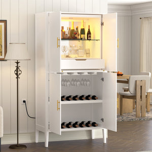 English Elm U_style Fluted Bar Cabinet with Led Lighting Stemware Rack and Mirror Interior Display White WY000539AAK