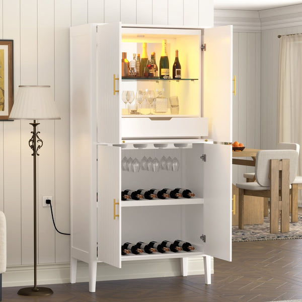English Elm U_style Fluted Bar Cabinet with Led Lighting Stemware Rack and Mirror Interior Display White WY000539AAK
