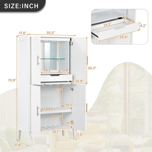 English Elm U_style Fluted Bar Cabinet with Led Lighting Stemware Rack and Mirror Interior Display White WY000539AAK