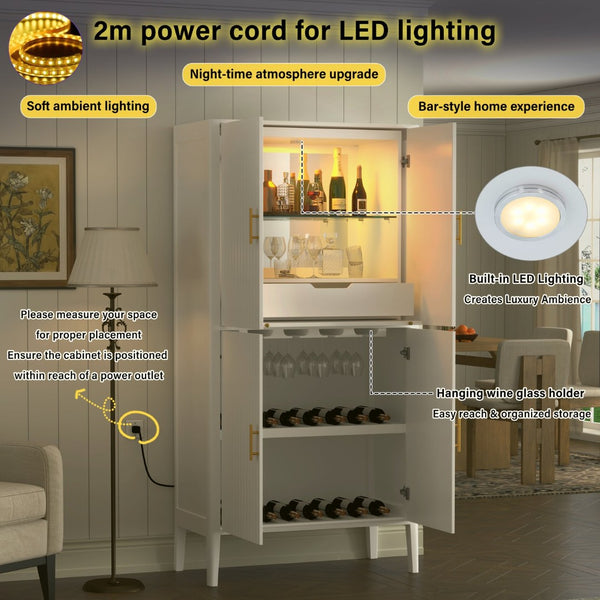 English Elm U_style Fluted Bar Cabinet with Led Lighting Stemware Rack and Mirror Interior Display White WY000539AAK
