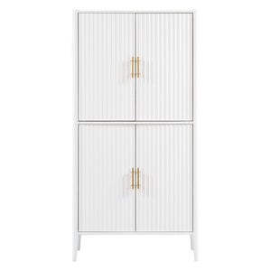 English Elm U_style Fluted Bar Cabinet with Led Lighting Stemware Rack and Mirror Interior Display White WY000539AAK