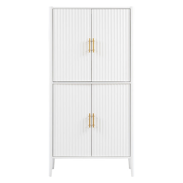 English Elm U_style Fluted Bar Cabinet with Led Lighting Stemware Rack and Mirror Interior Display White WY000539AAK