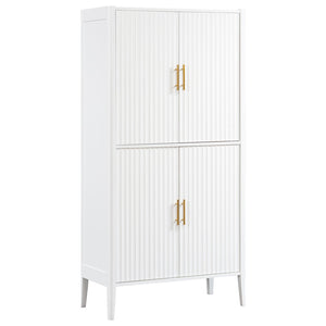 English Elm U_style Fluted Bar Cabinet with Led Lighting Stemware Rack and Mirror Interior Display White WY000539AAK