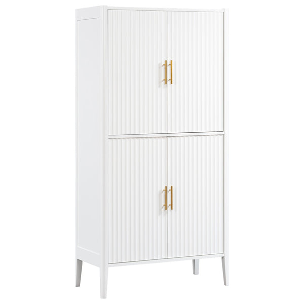 English Elm U_style Fluted Bar Cabinet with Led Lighting Stemware Rack and Mirror Interior Display White WY000539AAK