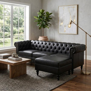 English Elm U-style Modular Pu Leather Sectional Sofa Tufted Back Rivet Armrests Storage Ottoman Black WY000540AAB