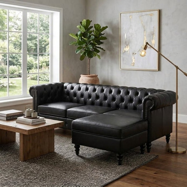 English Elm U-style Modular Pu Leather Sectional Sofa Tufted Back Rivet Armrests Storage Ottoman Black WY000540AAB
