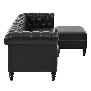 English Elm U-style Modular Pu Leather Sectional Sofa Tufted Back Rivet Armrests Storage Ottoman Black WY000540AAB