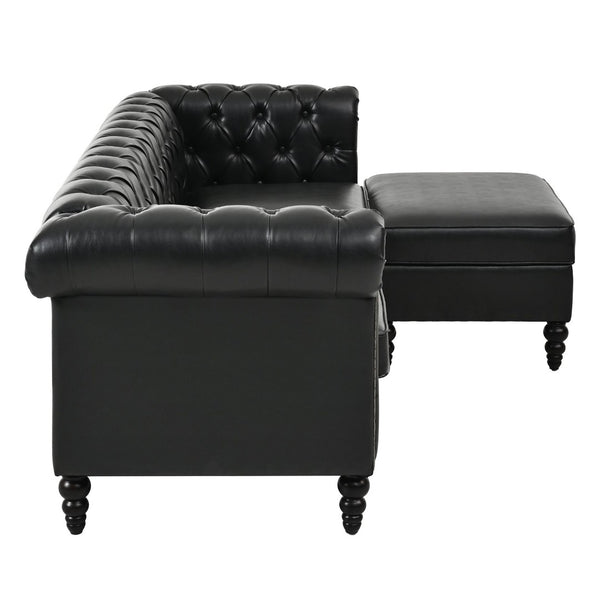 English Elm U-style Modular Pu Leather Sectional Sofa Tufted Back Rivet Armrests Storage Ottoman Black WY000540AAB