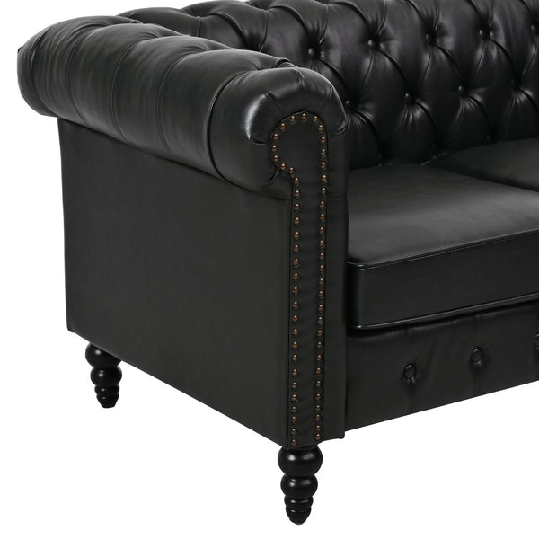 English Elm U-style Modular Pu Leather Sectional Sofa Tufted Back Rivet Armrests Storage Ottoman Black WY000540AAB