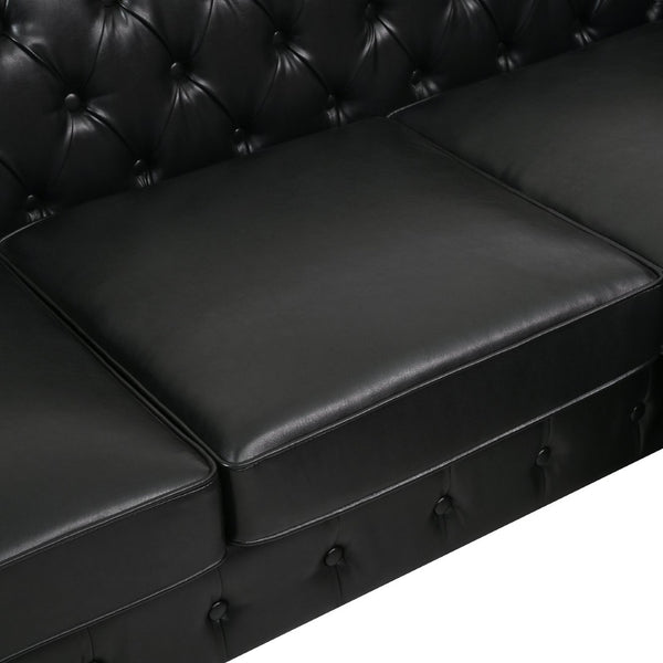 English Elm U-style Modular Pu Leather Sectional Sofa Tufted Back Rivet Armrests Storage Ottoman Black WY000540AAB