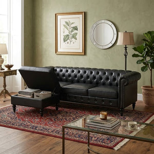 English Elm U-style Modular Pu Leather Sectional Sofa Tufted Back Rivet Armrests Storage Ottoman Black WY000540AAB