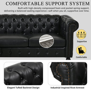 English Elm U-style Modular Pu Leather Sectional Sofa Tufted Back Rivet Armrests Storage Ottoman Black WY000540AAB