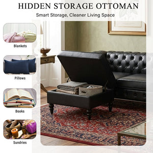 English Elm U-style Modular Pu Leather Sectional Sofa Tufted Back Rivet Armrests Storage Ottoman Black WY000540AAB