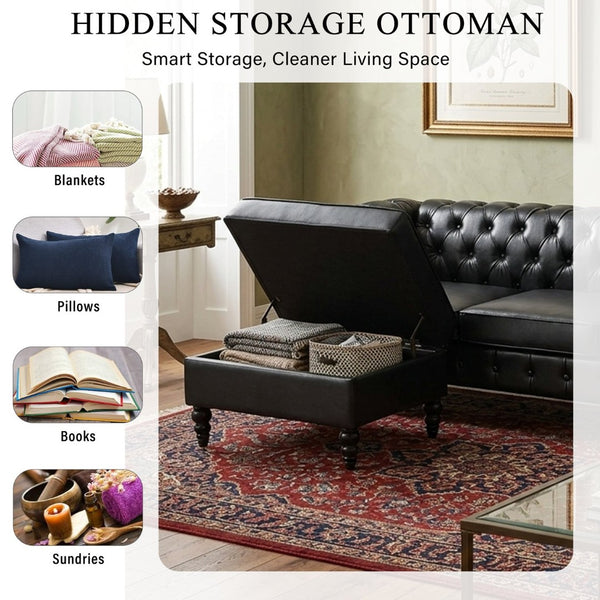 English Elm U-style Modular Pu Leather Sectional Sofa Tufted Back Rivet Armrests Storage Ottoman Black WY000540AAB