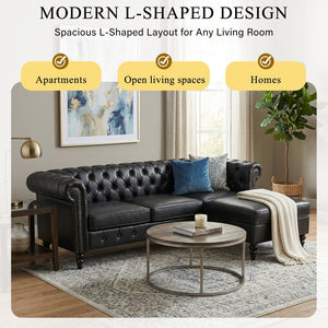 English Elm U-style Modular Pu Leather Sectional Sofa Tufted Back Rivet Armrests Storage Ottoman Black WY000540AAB