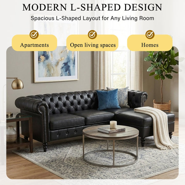 English Elm U-style Modular Pu Leather Sectional Sofa Tufted Back Rivet Armrests Storage Ottoman Black WY000540AAB
