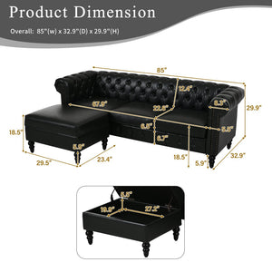 English Elm U-style Modular Pu Leather Sectional Sofa Tufted Back Rivet Armrests Storage Ottoman Black WY000540AAB