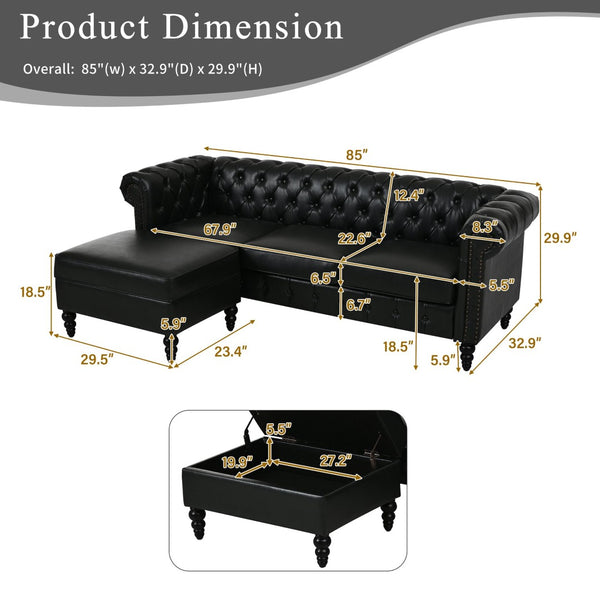English Elm U-style Modular Pu Leather Sectional Sofa Tufted Back Rivet Armrests Storage Ottoman Black WY000540AAB