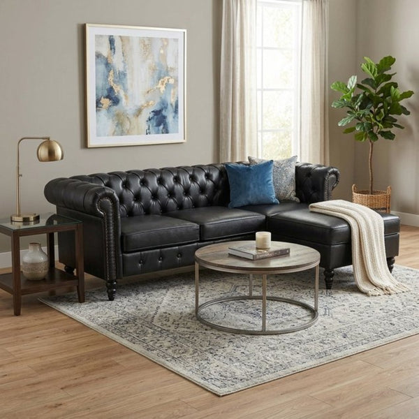 English Elm U-style Modular Pu Leather Sectional Sofa Tufted Back Rivet Armrests Storage Ottoman Black WY000540AAB