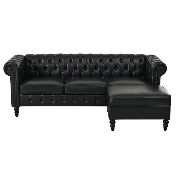 English Elm U-style Modular Pu Leather Sectional Sofa Tufted Back Rivet Armrests Storage Ottoman Black WY000540AAB