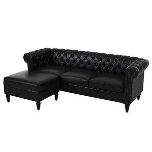 English Elm U-style Modular Pu Leather Sectional Sofa Tufted Back Rivet Armrests Storage Ottoman Black WY000540AAB
