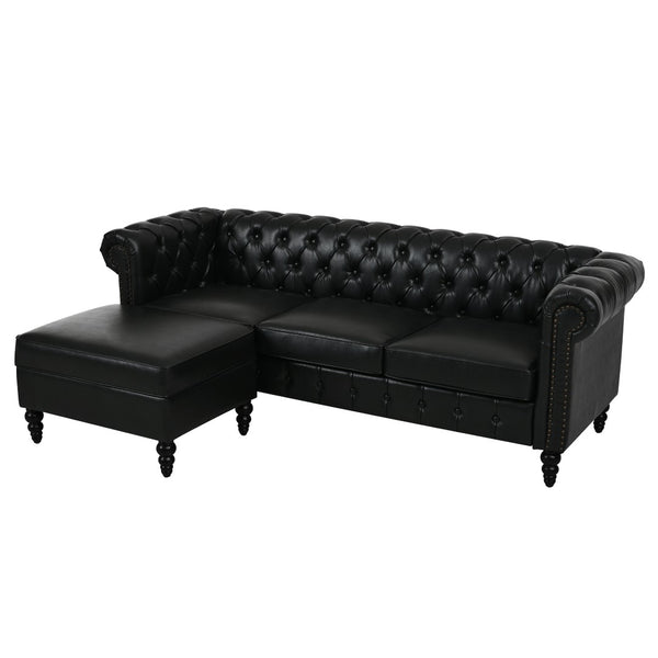 English Elm U-style Modular Pu Leather Sectional Sofa Tufted Back Rivet Armrests Storage Ottoman Black WY000540AAB
