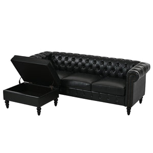 English Elm U-style Modular Pu Leather Sectional Sofa Tufted Back Rivet Armrests Storage Ottoman Black WY000540AAB
