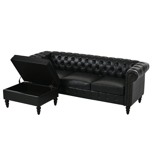 English Elm U-style Modular Pu Leather Sectional Sofa Tufted Back Rivet Armrests Storage Ottoman Black WY000540AAB