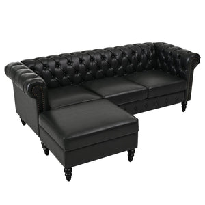 English Elm U-style Modular Pu Leather Sectional Sofa Tufted Back Rivet Armrests Storage Ottoman Black WY000540AAB