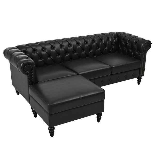 English Elm U-style Modular Pu Leather Sectional Sofa Tufted Back Rivet Armrests Storage Ottoman Black WY000540AAB