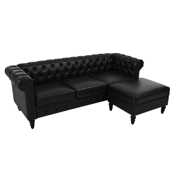 English Elm U-style Modular Pu Leather Sectional Sofa Tufted Back Rivet Armrests Storage Ottoman Black WY000540AAB